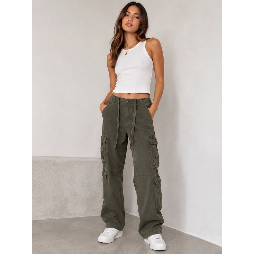 Bershka Straight Multicargo Pants Olive Green Utility Cargo Size 4